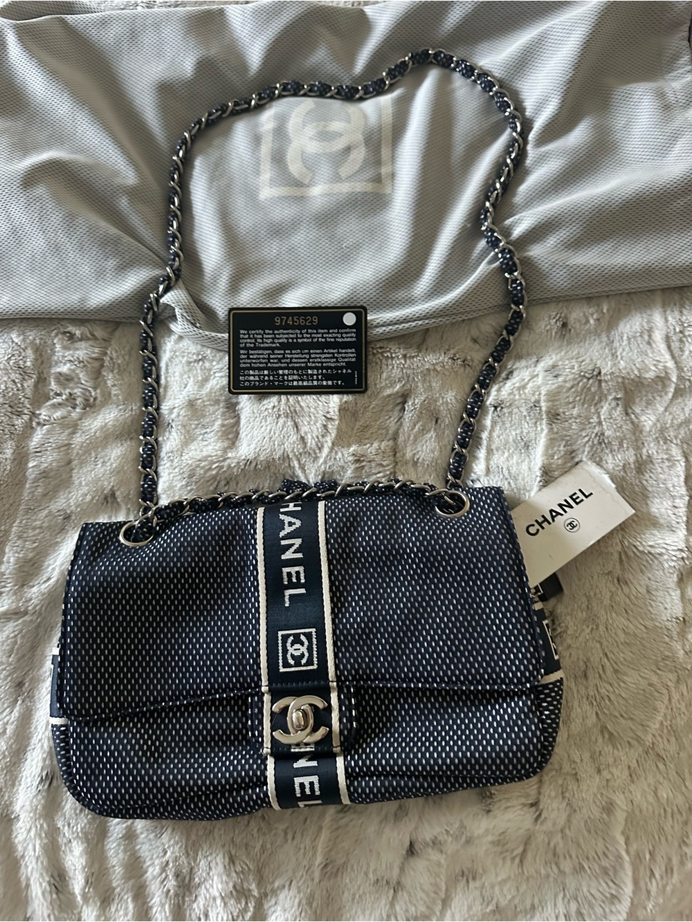 CHANEL Navy and White Chain Shoulder Bag